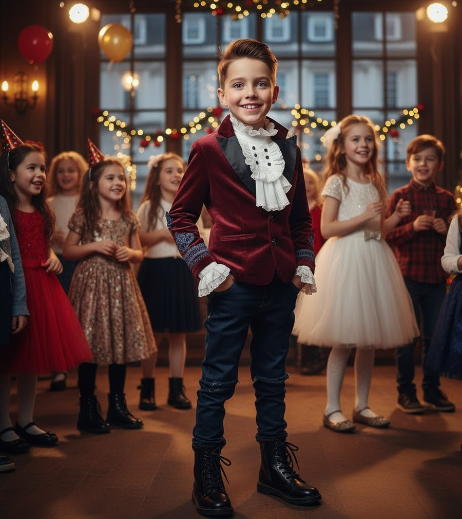 Boys Dark Red Velvet Blazer Vintage Style with Lace party xmas wear 6–14 Yrs