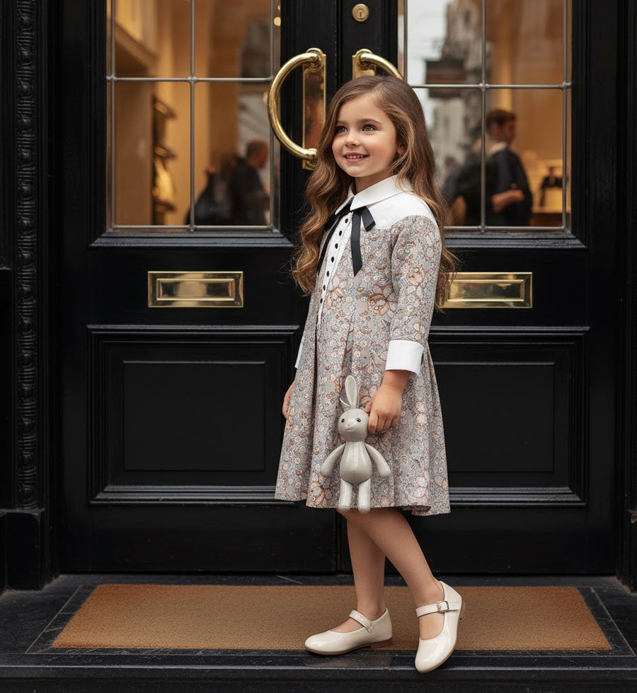 Vintage Floral Patchwork Doll Collar Dress girls 3-7Y  Elegant A-line Mid-Sleeve