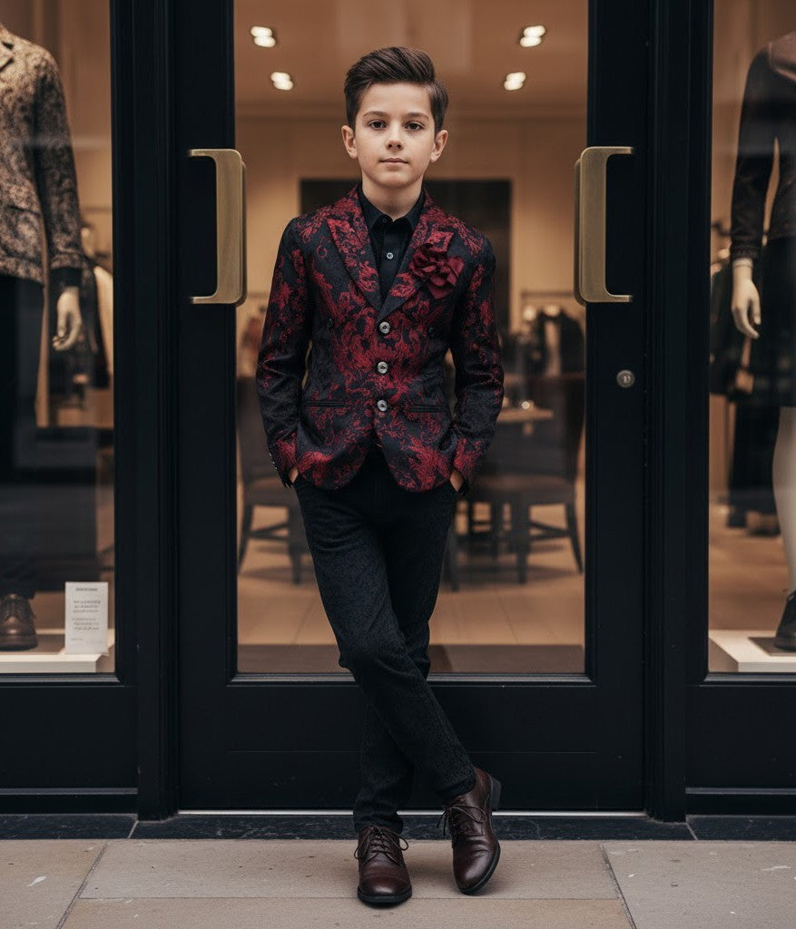 Boys red black Blazer 4-12Y Slim Fit Tuxedo Jacket for brithday christmas Party