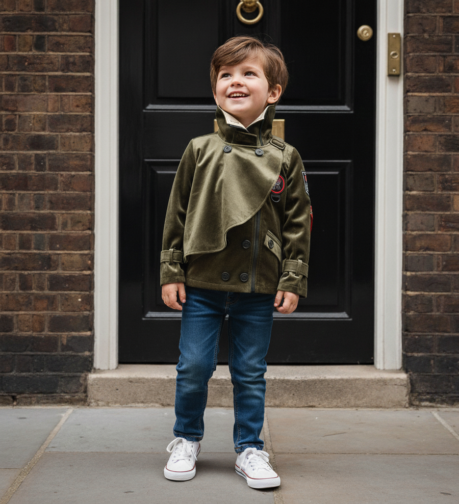 Boys' Cotton Velvet Double-Breasted Trench Coat – Short Wind Jacket 3-7Y