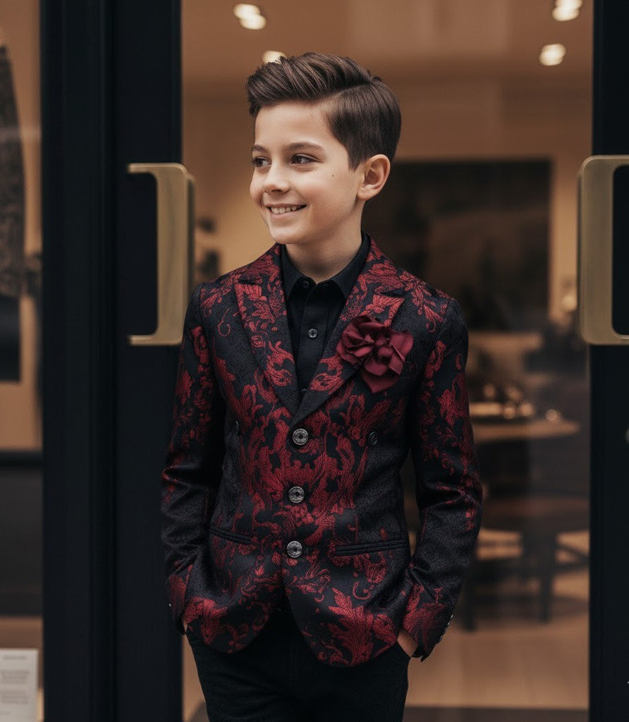 Boys red black Blazer 4-12Y Slim Fit Tuxedo Jacket for brithday christmas Party