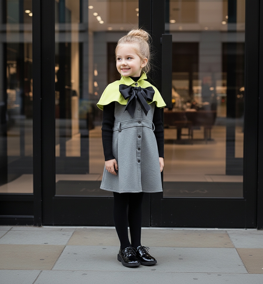 Girls Cape Dress Apple Green with Bow Soft Scuba Fabric Princess Outfit winter