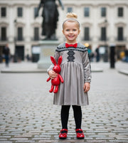 Girls’ Grey Velvet-Cotton long Dress Vintage Black Lace  3–10Y christmas gift