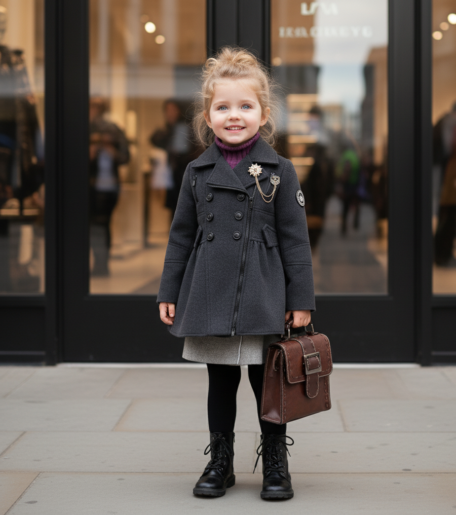 Girls Wool-Blend Winter Coat | Warm Long Plaid Jacket for Kids 3–5 Years | Soft