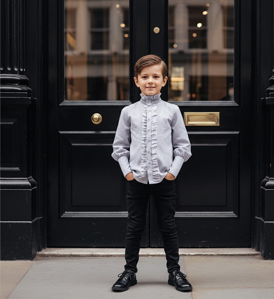 Boys' Vintage Light Blue Gray Shirt Long Sleeve 3–14Y Versatile Style easy match