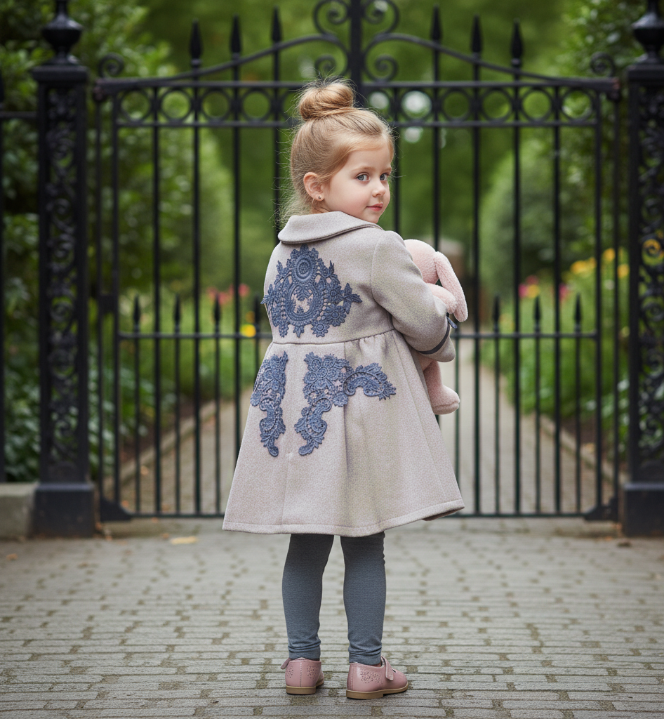 Girls Vintage winter Coat 4-5Y A-Line Princess dress coat with floral lace Wool