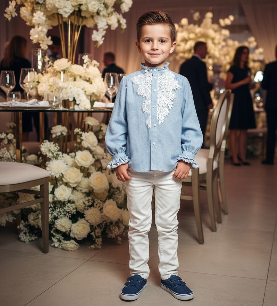 Boys Blue Lace Long Sleeve Shirt, Vintage Style Special Occasions 6-7 year 130cm