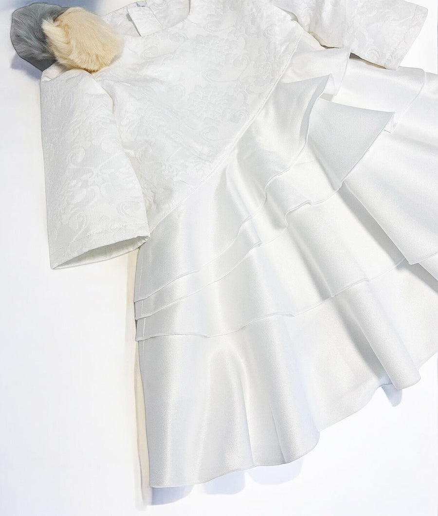 Girls princess White Jacquard Satin dress Elegant Multi-Layer Party Wear XMAS