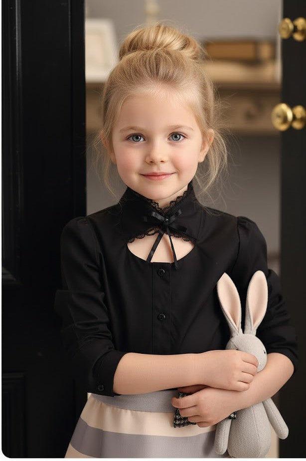 Girls Black Cotton Shirt long sleeve vintage style top 3-5Y toddler shirt