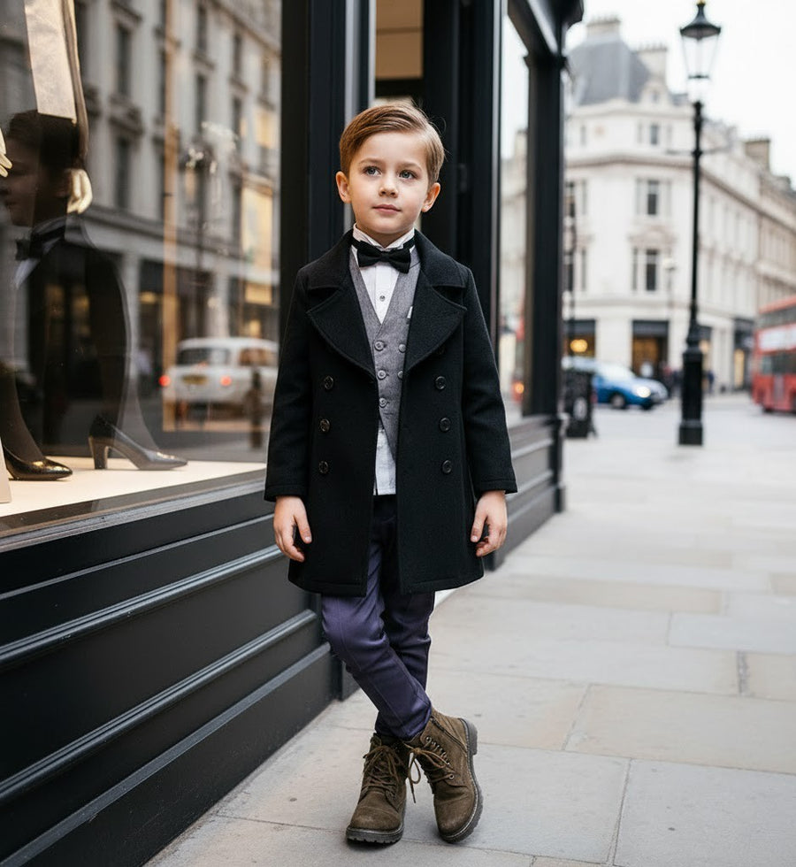 Boys Black Cashmere Coat Stylish & high end vintage jacket Outerwear 3-12Y