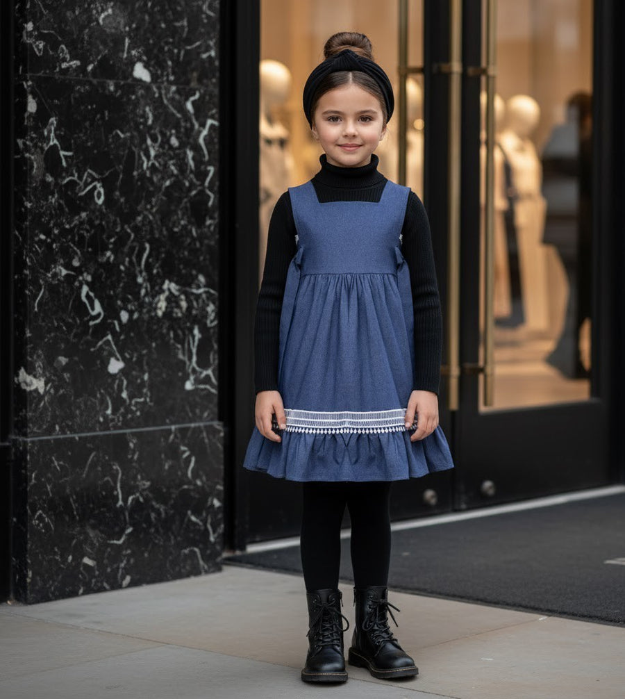 Girls Blue Cotton Dress Warm Layered Long Sleeve Outfit for Kids 3–9Y all season