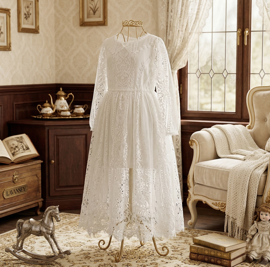 Girls Long White Lace Fairy Dress (2–4 Years) | Vintage Flower Girl & Princess Occasion Gown