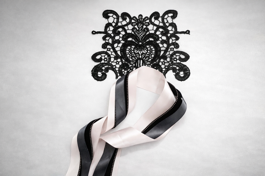 Noire Épure — Blush Structured Lace Set – Blush Satin, Black Textured & Grey Layered Ribbons with Floral Lace Applique for Wedding Decor, Dress Styling & Gift Wrapping