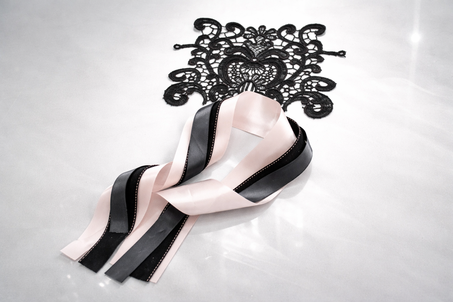 Noire Épure — Blush Structured Lace Set – Blush Satin, Black Textured & Grey Layered Ribbons with Floral Lace Applique for Wedding Decor, Dress Styling & Gift Wrapping