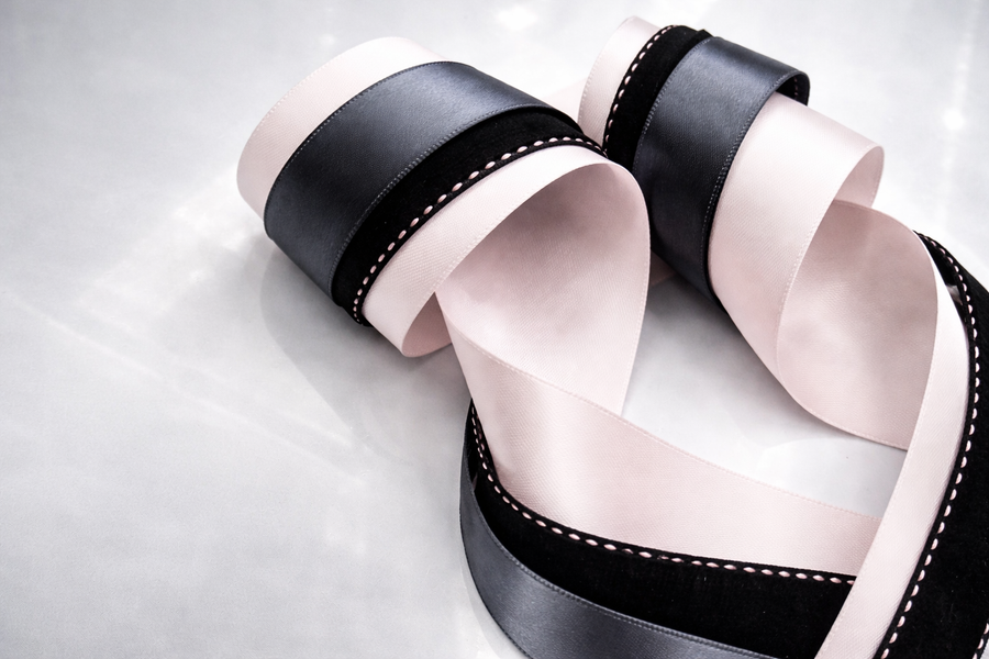 Noire Épure — Blush Structured Lace Set – Blush Satin, Black Textured & Grey Layered Ribbons with Floral Lace Applique for Wedding Decor, Dress Styling & Gift Wrapping