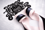 Noire Épure — Blush Structured Lace Set – Blush Satin, Black Textured & Grey Layered Ribbons with Floral Lace Applique for Wedding Decor, Dress Styling & Gift Wrapping