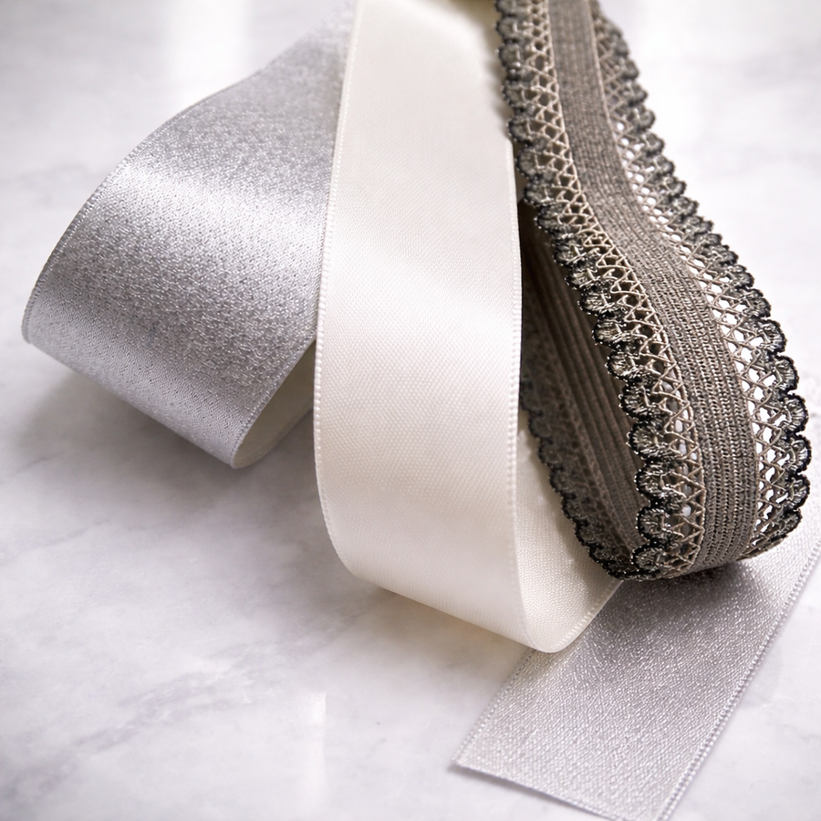 Layered Satin Ribbon Set with Decorative Trim in Silver and Ivory – Refined Styling Detail