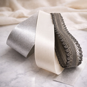 Layered Satin Ribbon Set with Decorative Trim in Silver and Ivory – Refined Styling Detail