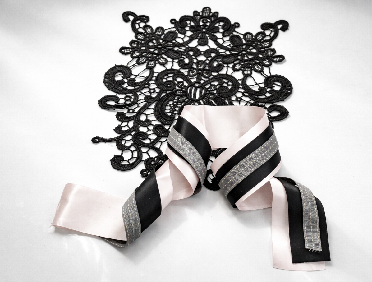 Blush Satin & Black Ribbon Set with Grey Ribbed Detail — Luxury Lace Bow Embellishment Kit