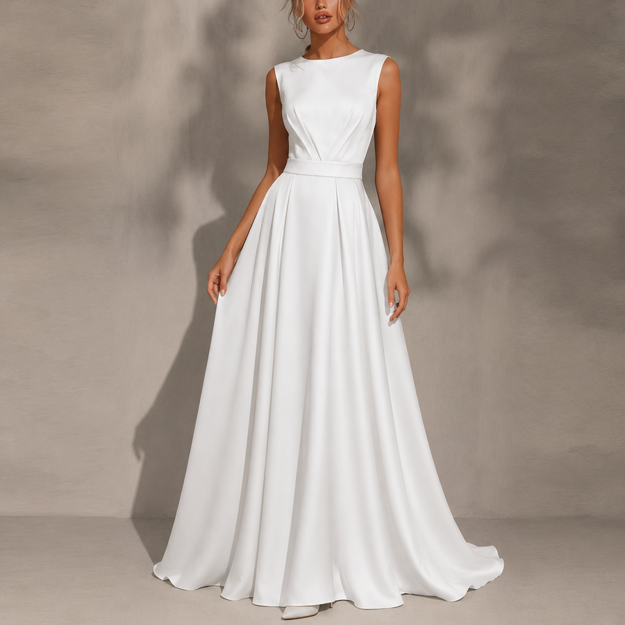 Ethereal Lace Back Bridal Gown - Timeless Satin Elegance with Floating Train