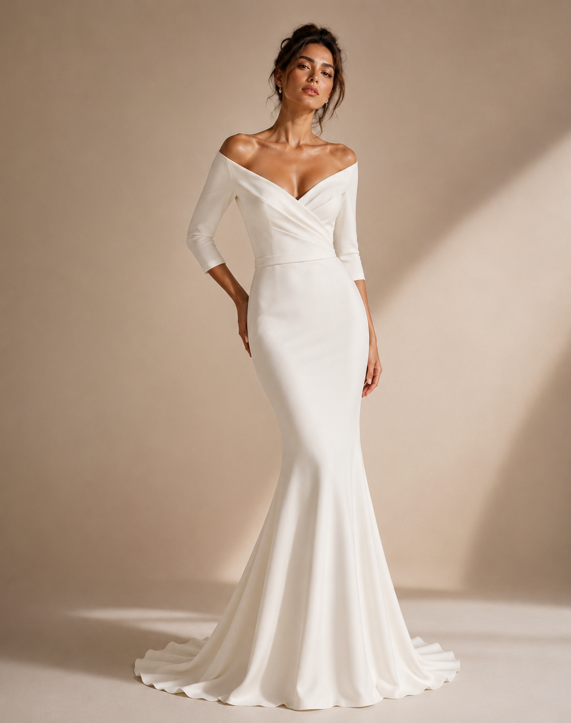 Ivory Off Shoulder Mermaid Wedding Dress - Elegant Sculpted Satin Bridal Gown