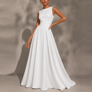 Ethereal Lace Back Bridal Gown - Timeless Satin Elegance with Floating Train