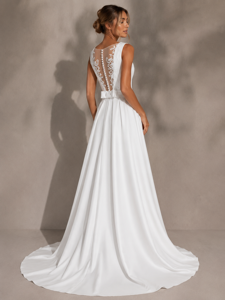Ethereal Lace Back Bridal Gown - Timeless Satin Elegance with Floating Train