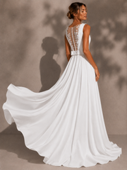 Ethereal Lace Back Bridal Gown - Timeless Satin Elegance with Floating Train