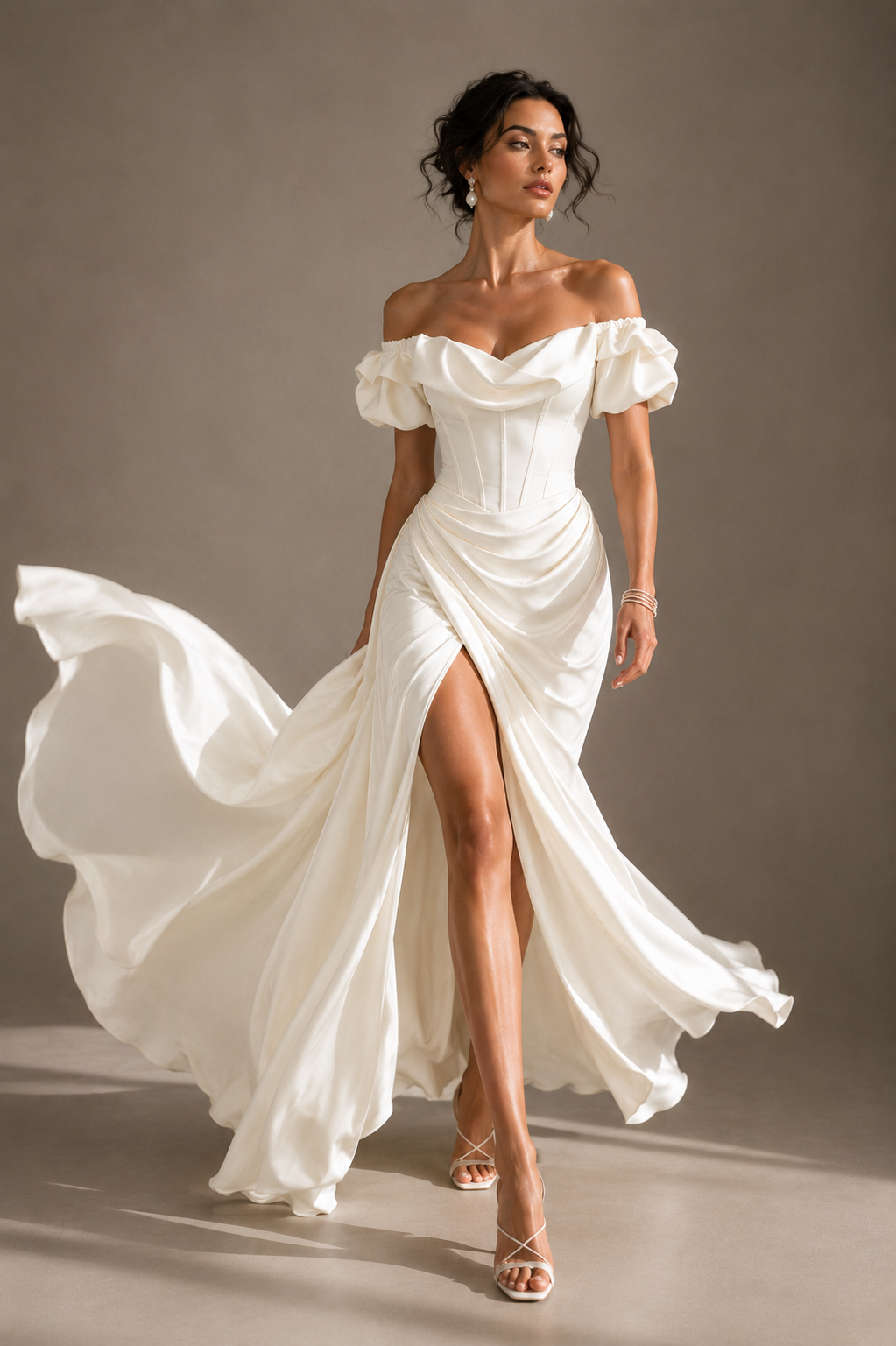 Ivory Off Shoulder Satin Gown - Couture Draped Corset Evening Dress