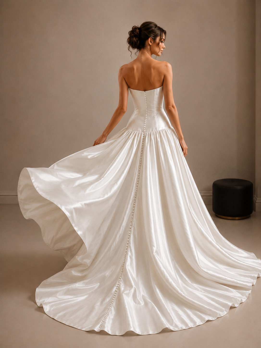 Ivory Sculpted Satin Bridal Gown - Elegant Back Train Corset Wedding Dress