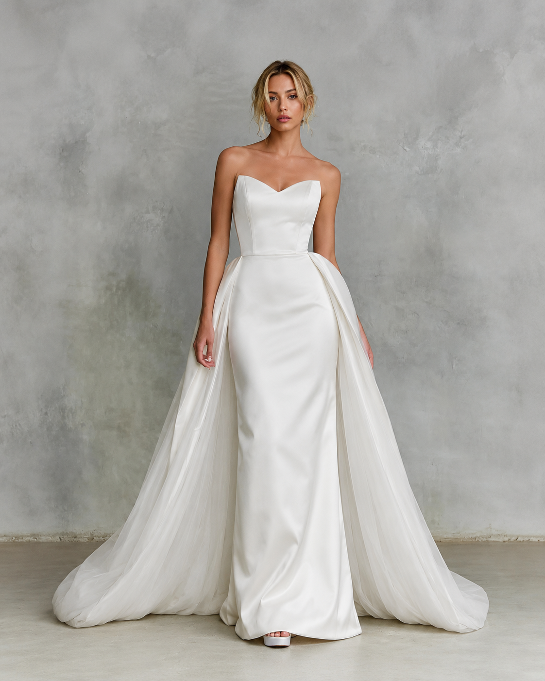 Ethereal Satin Bridal Gown - Sculpted Strapless Corset Wedding Dress with Dramatic Tulle Overskirt
