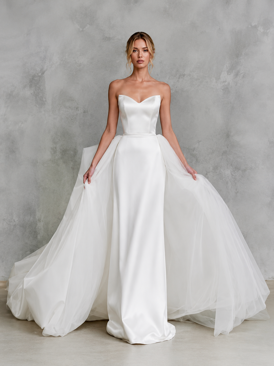 Ethereal Satin Bridal Gown - Sculpted Strapless Corset Wedding Dress with Dramatic Tulle Overskirt