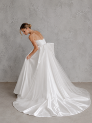 Ethereal Satin Bridal Gown - Sculpted Strapless Corset Wedding Dress with Dramatic Tulle Overskirt