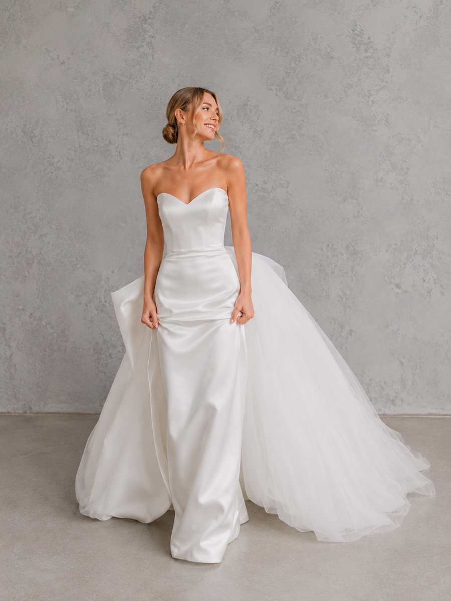 Ethereal Satin Bridal Gown - Sculpted Strapless Corset Wedding Dress with Dramatic Tulle Overskirt