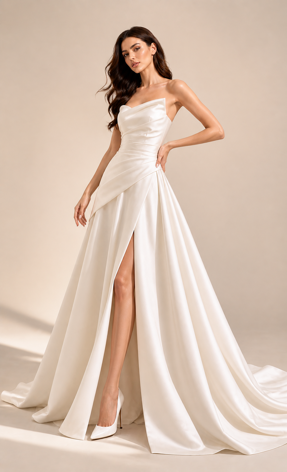 Ivory Satin Strapless Gown - Sculpted Bodice & High Slit Elegant Evening Dress