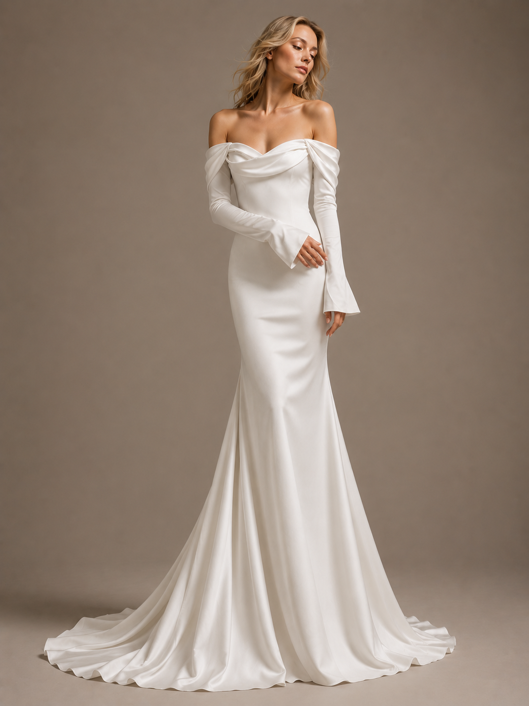 Ivory Satin Off-Shoulder Mermaid Wedding Dress - Minimalist Couture Bridal Gown
