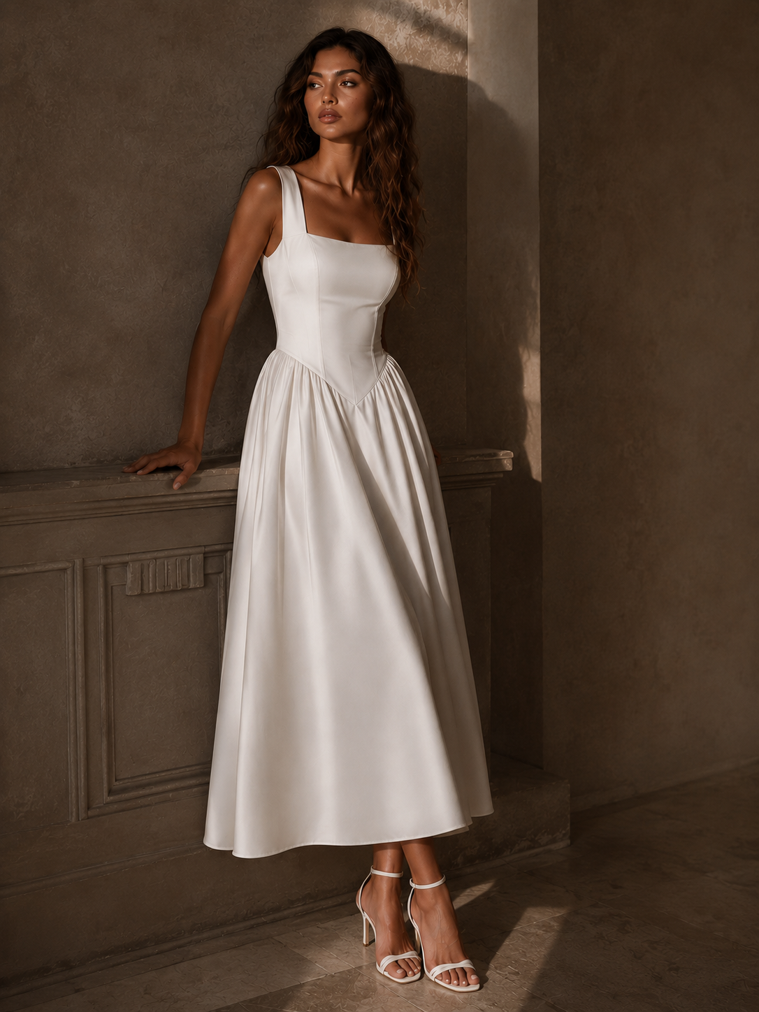LALLORA Minimalist Low Back Midi Dress - French Elegant A-Line Satin Dress with Sculpted Waist