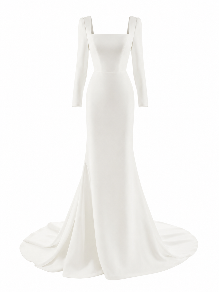 Elegant Square Neck Mermaid Wedding Dress - Minimalist Open Back Bridal Gown with Long Sleeves
