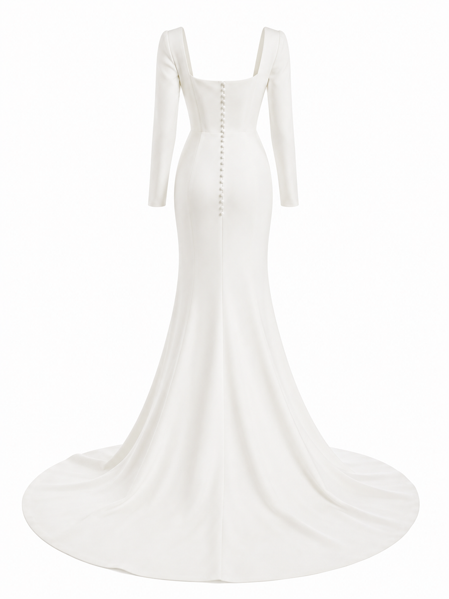 Elegant Square Neck Mermaid Wedding Dress - Minimalist Open Back Bridal Gown with Long Sleeves