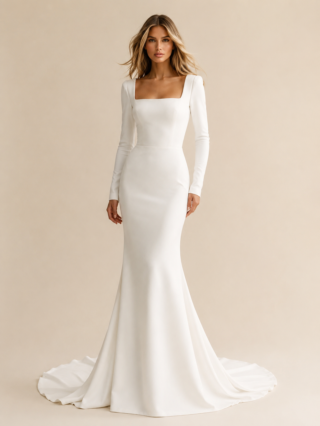 Elegant Square Neck Mermaid Wedding Dress - Minimalist Open Back Bridal Gown with Long Sleeves