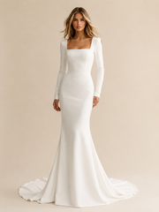 Elegant Square Neck Mermaid Wedding Dress - Minimalist Open Back Bridal Gown with Long Sleeves