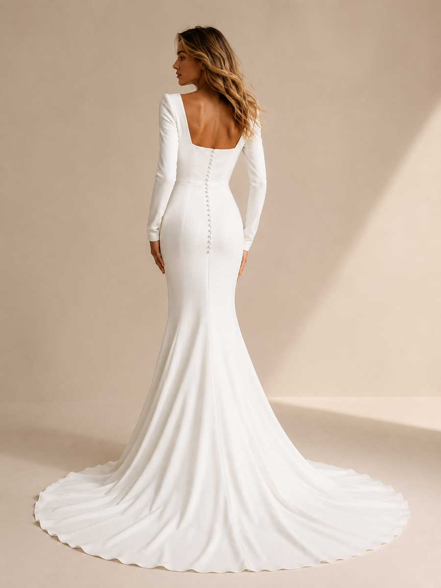 Elegant Square Neck Mermaid Wedding Dress - Minimalist Open Back Bridal Gown with Long Sleeves