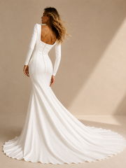 Elegant Square Neck Mermaid Wedding Dress - Minimalist Open Back Bridal Gown with Long Sleeves