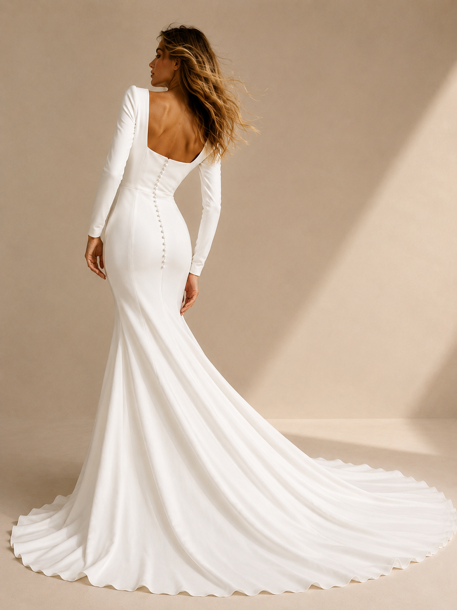 Elegant Square Neck Mermaid Wedding Dress - Minimalist Open Back Bridal Gown with Long Sleeves