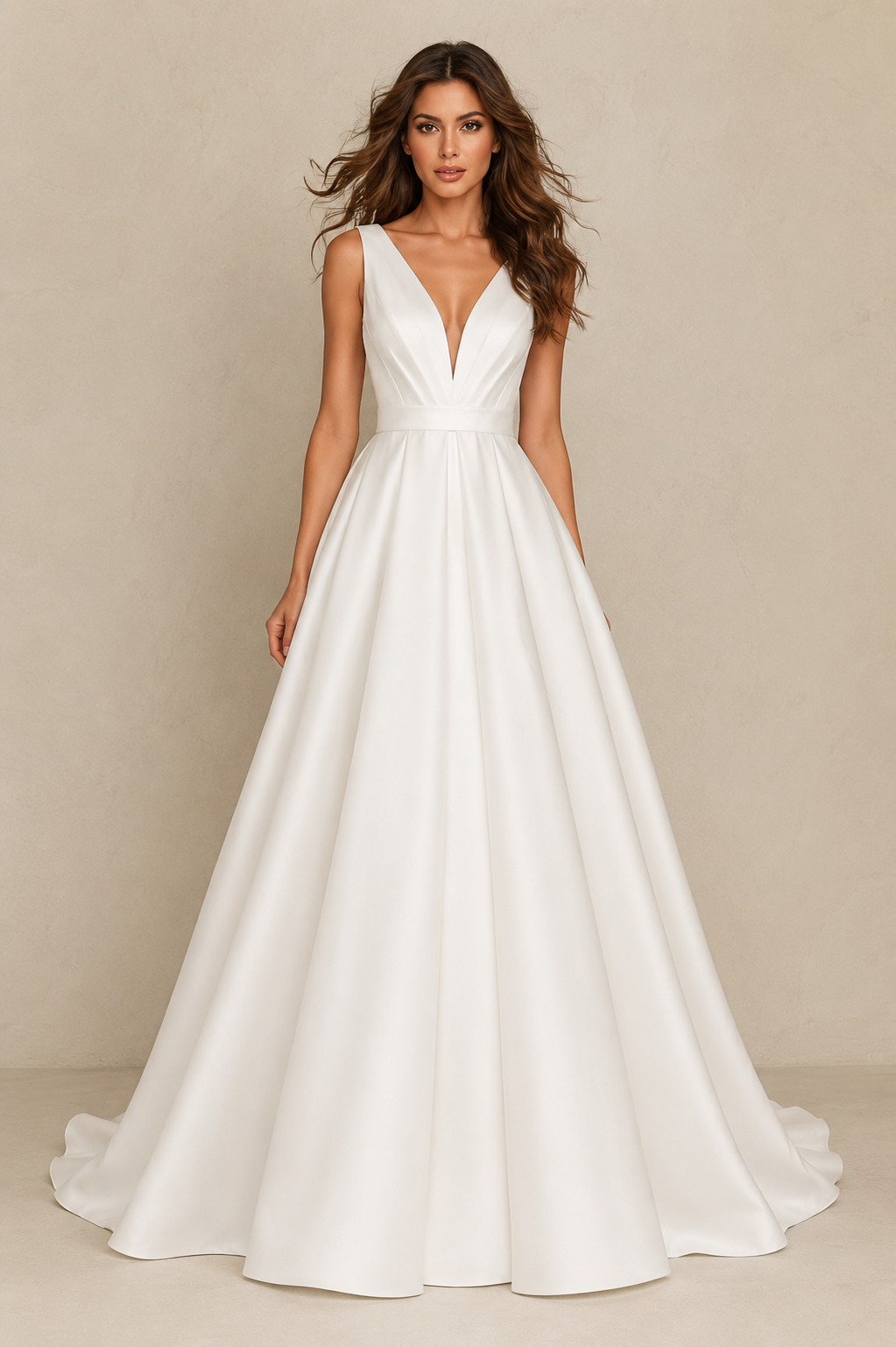 Ivory Deep V Satin Bridal Gown - Minimalist A-Line Wedding Dress with Elegant Open Back