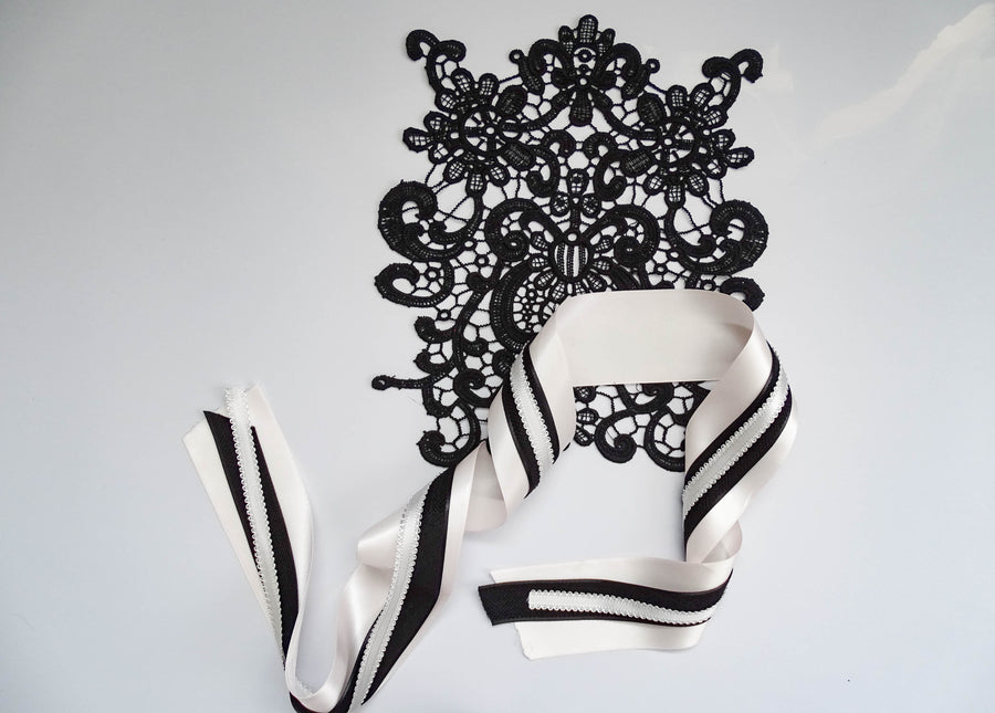 Vintage Lace & Satin Ribbon Set – Elegant Black Applique & Luxury Bow Making Kit for Weddings, Dresses & Gifts