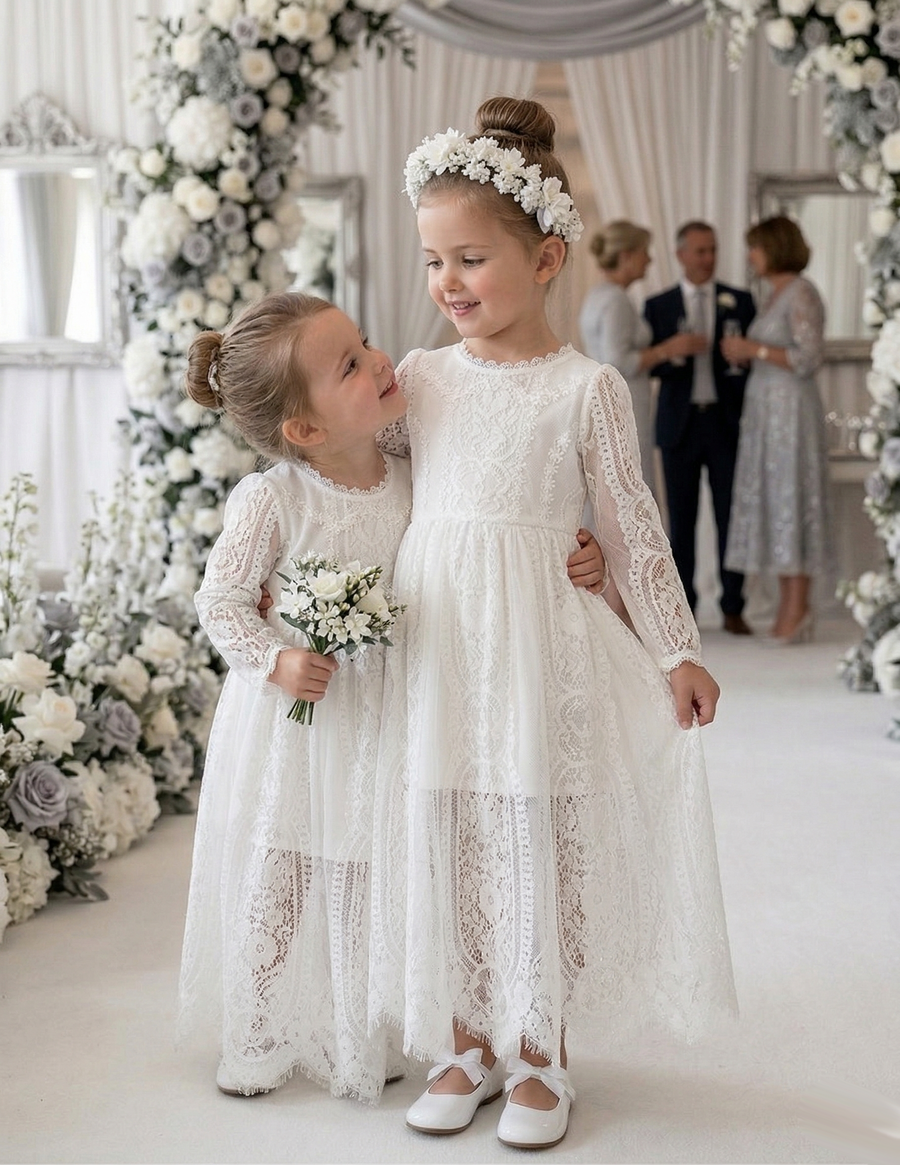 Girls Long White Lace Fairy Dress (2–4 Years) | Vintage Flower Girl & Princess Occasion Gown