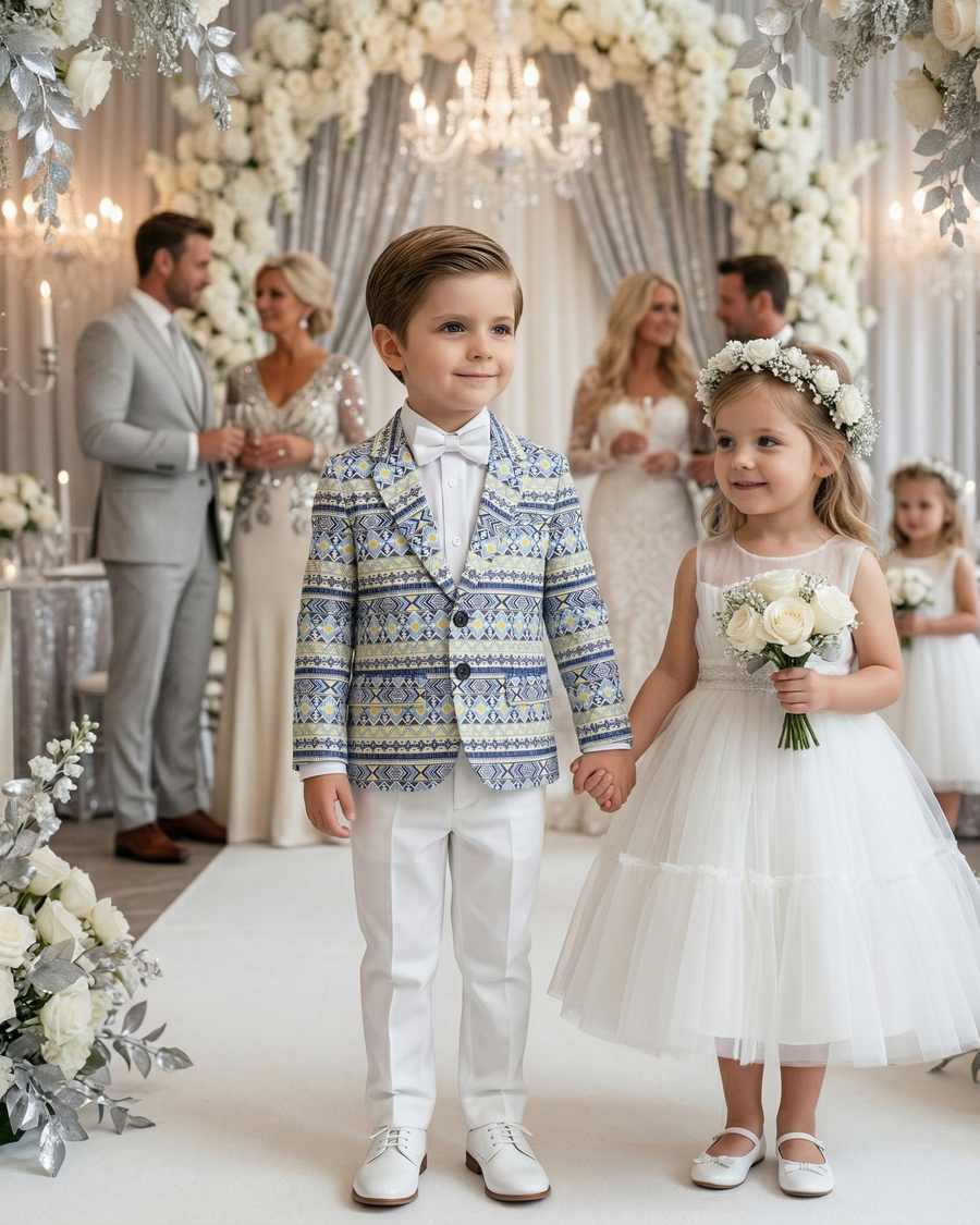 Boys Blue Floral Cotton Blazer (Size 110 | 4–5 Years) | Artistic Print Smart Casual & Wedding Jacket