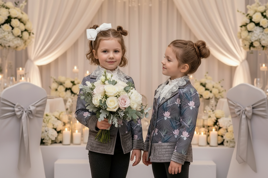 Girls Silver Grey Velvet Blazer with Lace Collar – Vintage Princess Jacket for Weddings, Parties & Formal Wear (Ages 3–10)