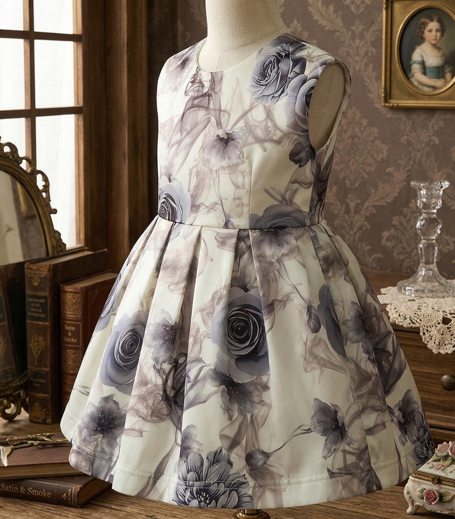 Girls Smoke Grey Sleeveless Floral Cocktail Dress with Elegant BowVintage Flower Girl Dress – Girls Smoke Grey Floral A-Line Dress with Bow for Wedding & Special Occasions (Ages 3–12)